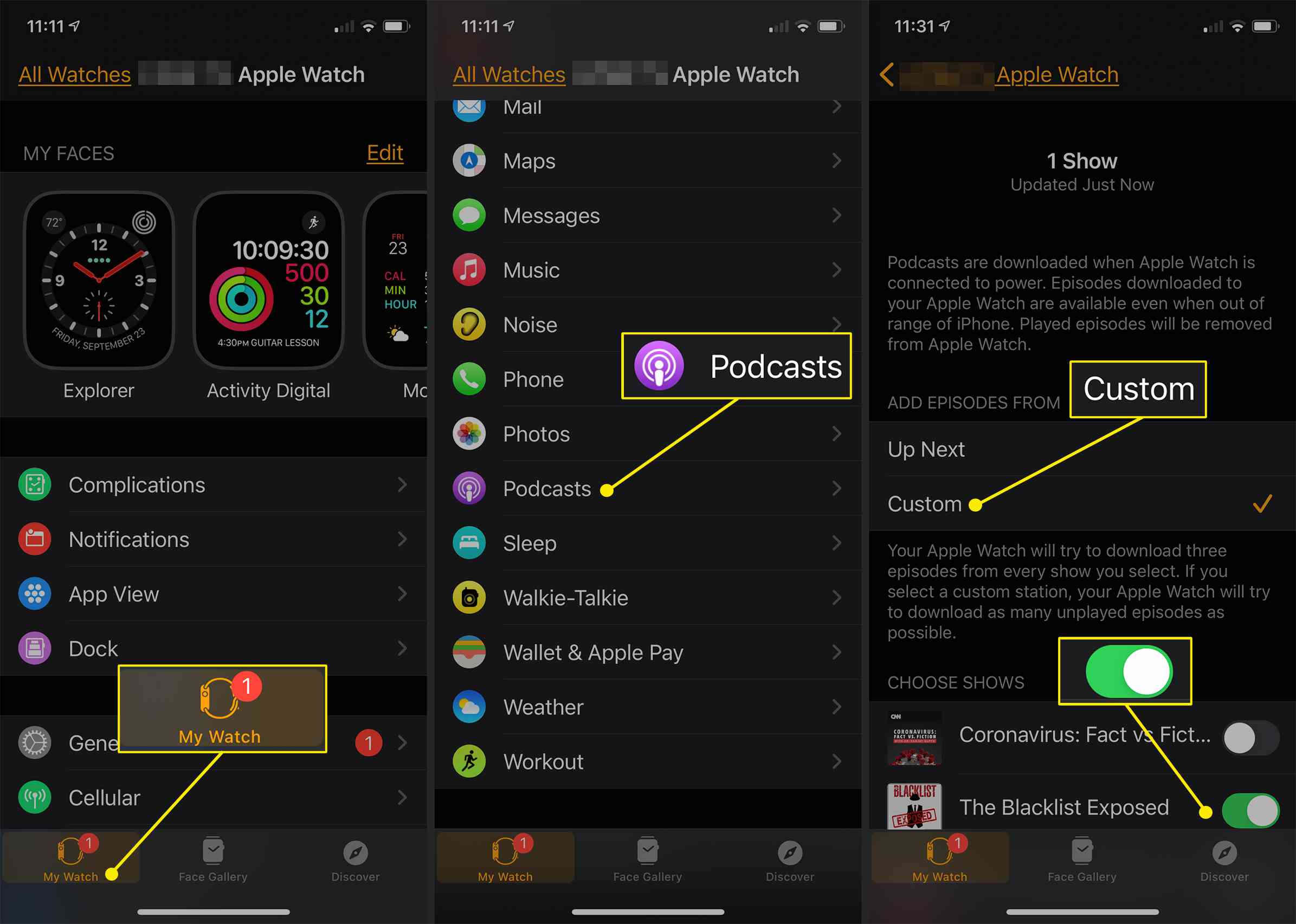 Aplikace iPhone Watch zobrazující možnosti podcastu