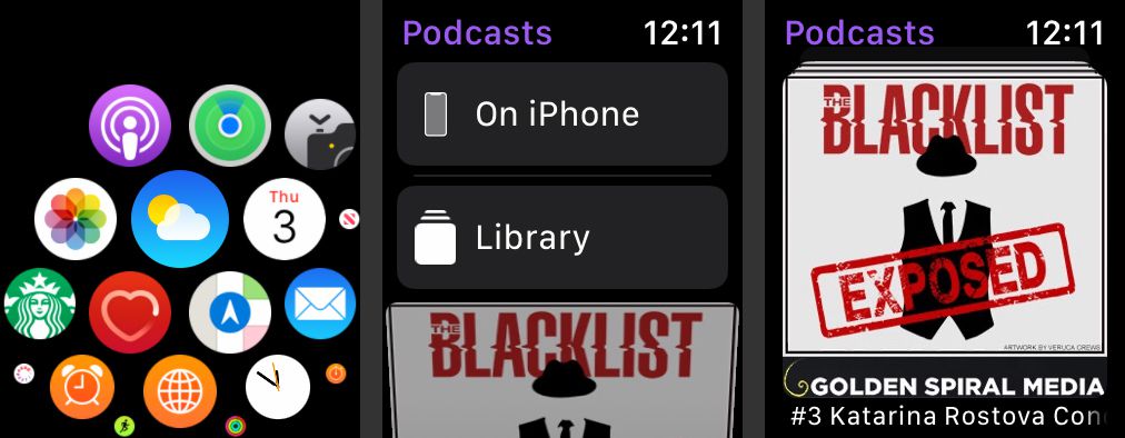 Apple Watch zobrazující aplikaci Podcast a podcasty