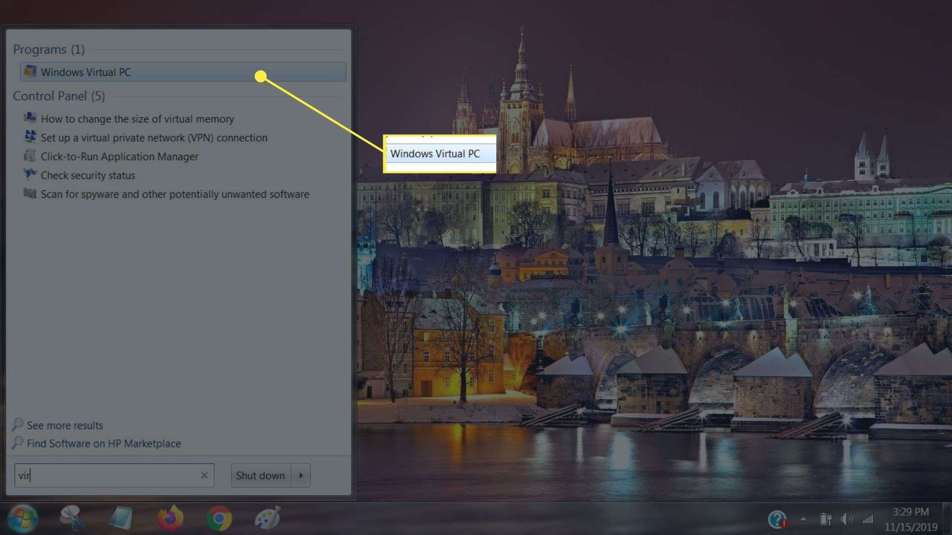 Windows Virtual PC ve výsledcích vyhledávání v nabídce Start