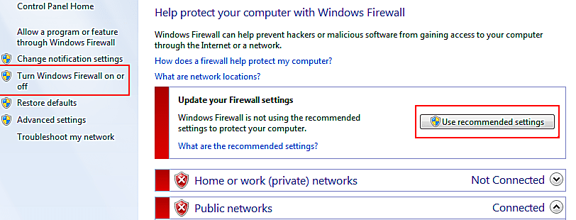 Brána firewall systému Windows je vypnutá