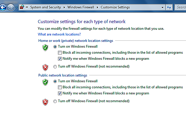 Screenshot nastavení brány firewall systému Windows