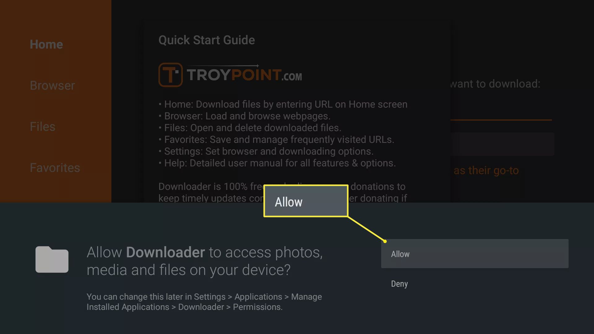 Povolit zvýraznění na obrazovce oprávnění Downloader