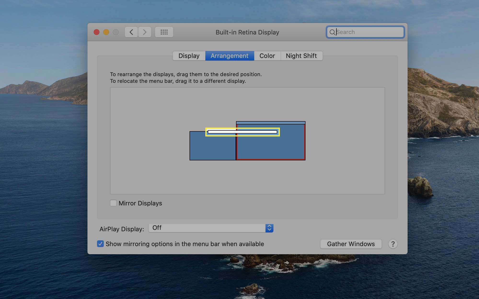 Pohyblivý panel nabídek zvýrazněný na kartě Uspořádání v části Předvolby zobrazení v systému macOS.