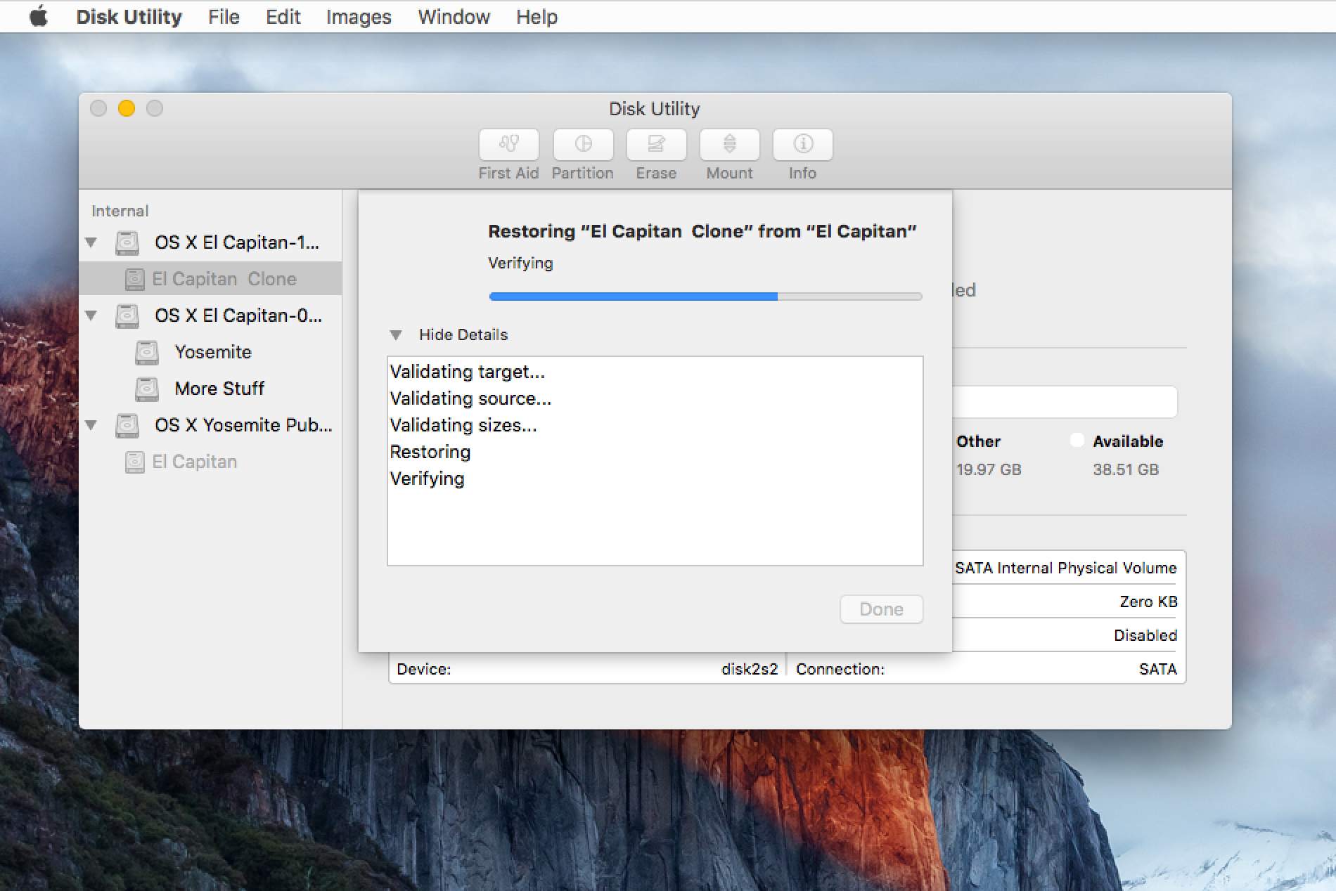 Disk Utility Obnovení podrobností procesu v OS X El Capitan