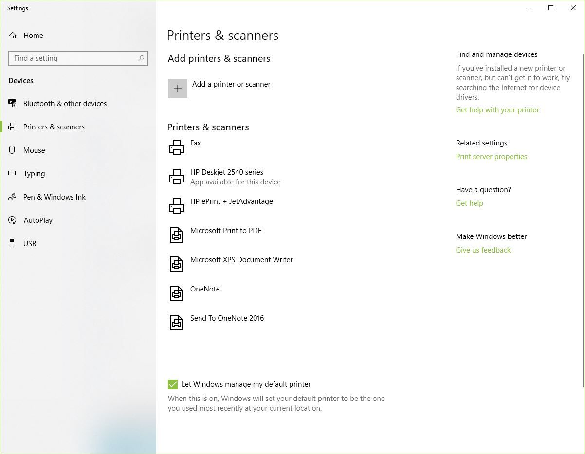 Screenshot z Tiskárny a skenery Windows 10
