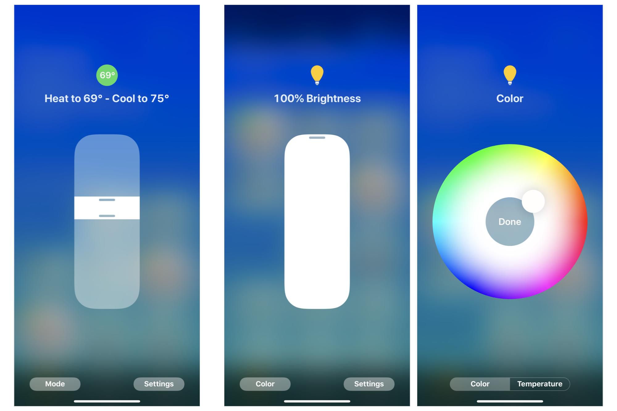 3 snímky obrazovky z aplikace iPhone Home: (vlevo) ovládací prvky nastavení termostatu, (uprostřed) jas lampy na 100%, (vpravo) kruh pro výběr barvy pro lampu