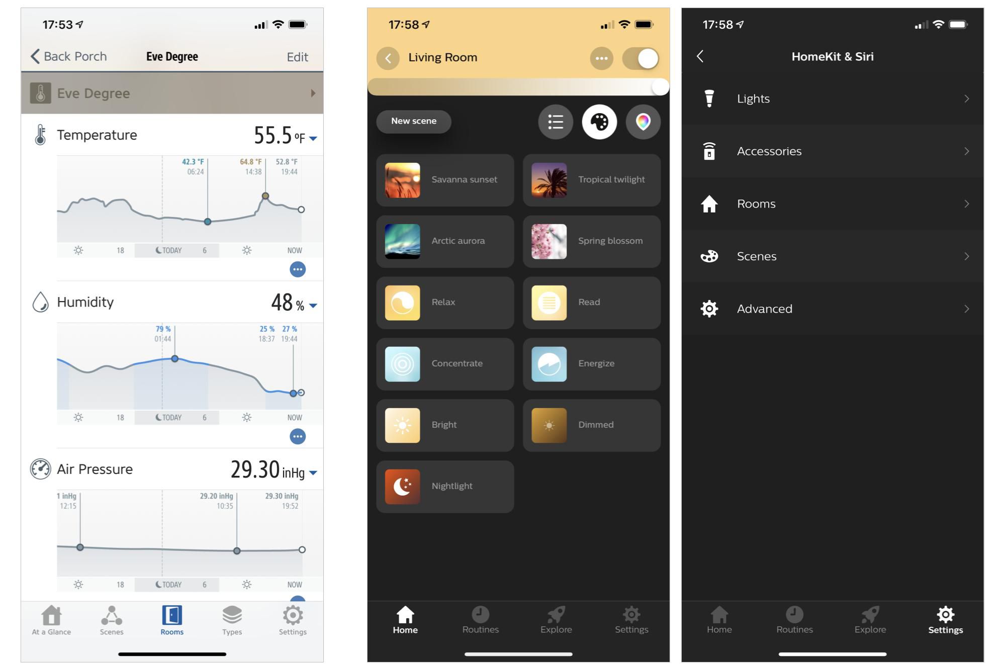 3 snímky obrazovky iPhonu: (vlevo) graf počasí, vlhkost a tlak vzduchu v předpovědním čase Eve (čas), (uprostřed) výchozí nastavení osvětlení scény Philips Hue (např. Západ slunce Savany, arktická polární záře atd.);  (vpravo) Nastavení HomeKit a Siri v aplikaci Philips Hue (zobrazuje nabídky Světla, Příslušenství, Místnosti, Scény a Pokročilé)
