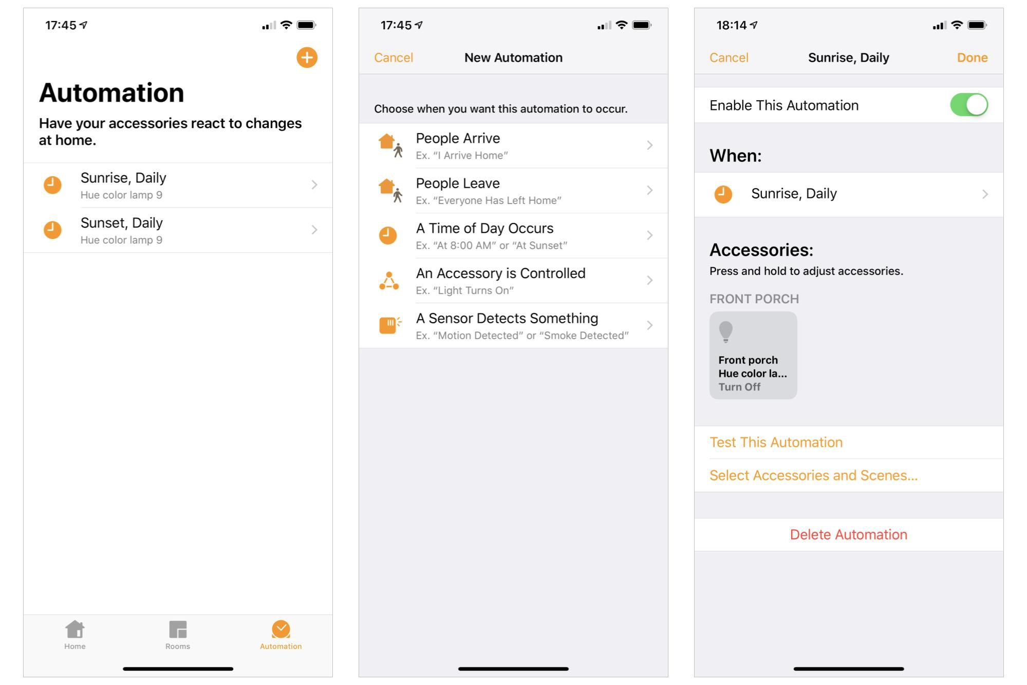 3 snímky obrazovky aplikace iPhone Home: (vlevo) Hlavní obrazovka automatizace, zobrazující 2 automatizace, (uprostřed) Nové možnosti automatizace na základě příchodu / odchodu lidí, času, ovládání příslušenství nebo senzoru, (vpravo) Podrobnosti automatizace Sunrise pro zapnutí světla verandy