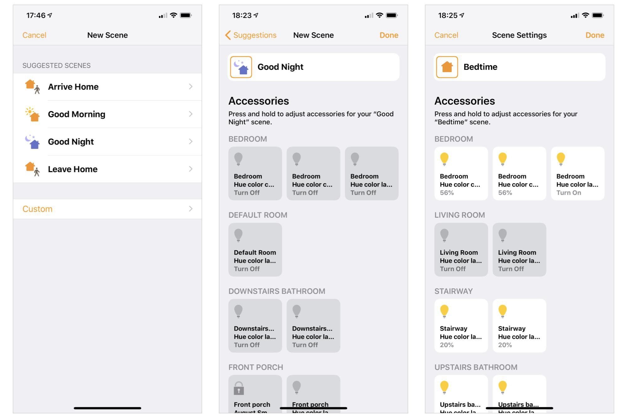 3 snímky obrazovky aplikace iPhone Home: (vlevo) nové možnosti scény, se 4 navrženými scénami, (uprostřed) Detaily scény na dobrou noc, které vše vypnou, (vpravo) vlastní scéna před spaním, která vypne některá světla a další