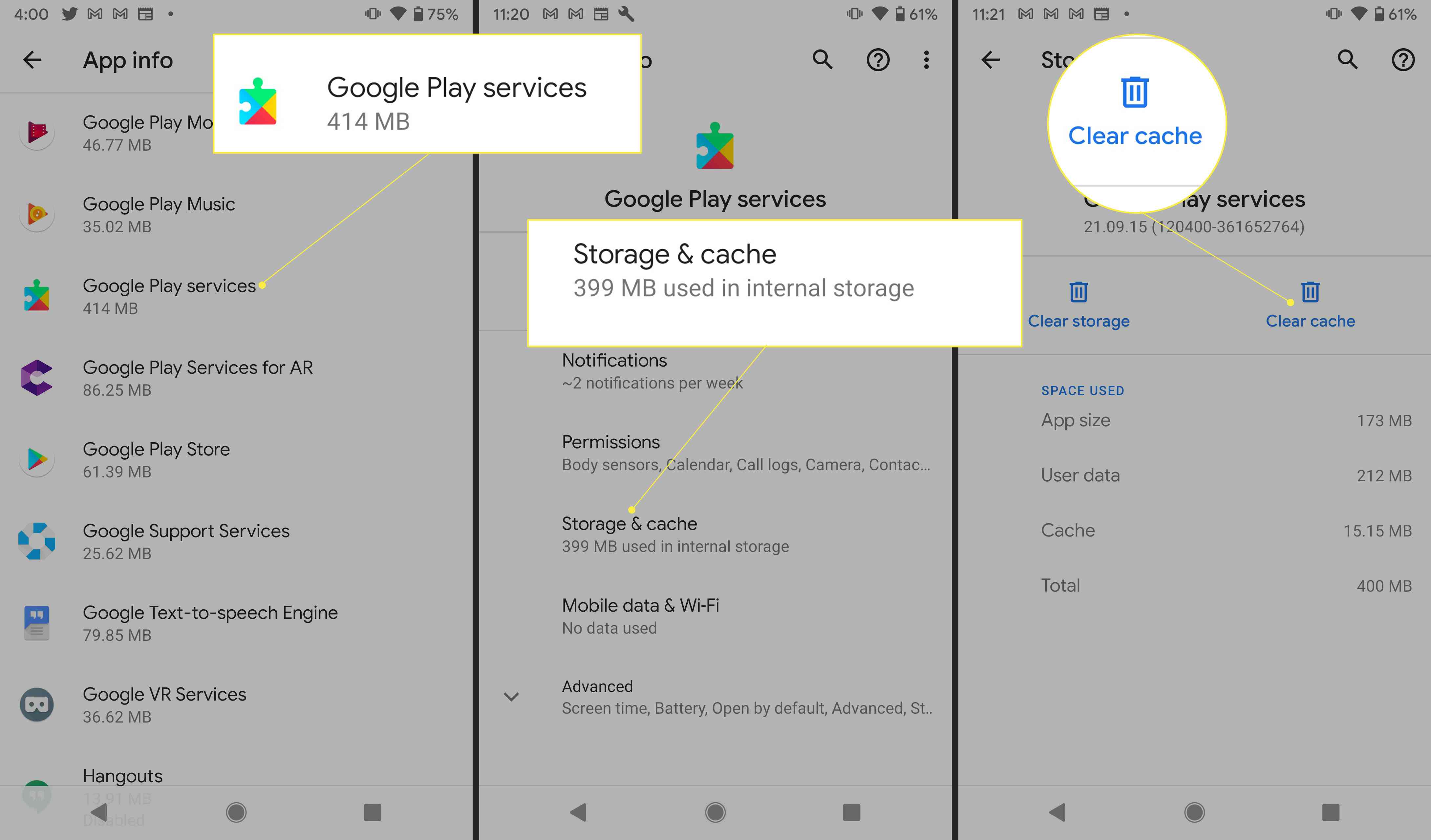 Nastavení systému Android se zvýrazněnými „Google Play Services“, „Storage & Cache“ a „Clear Cache“