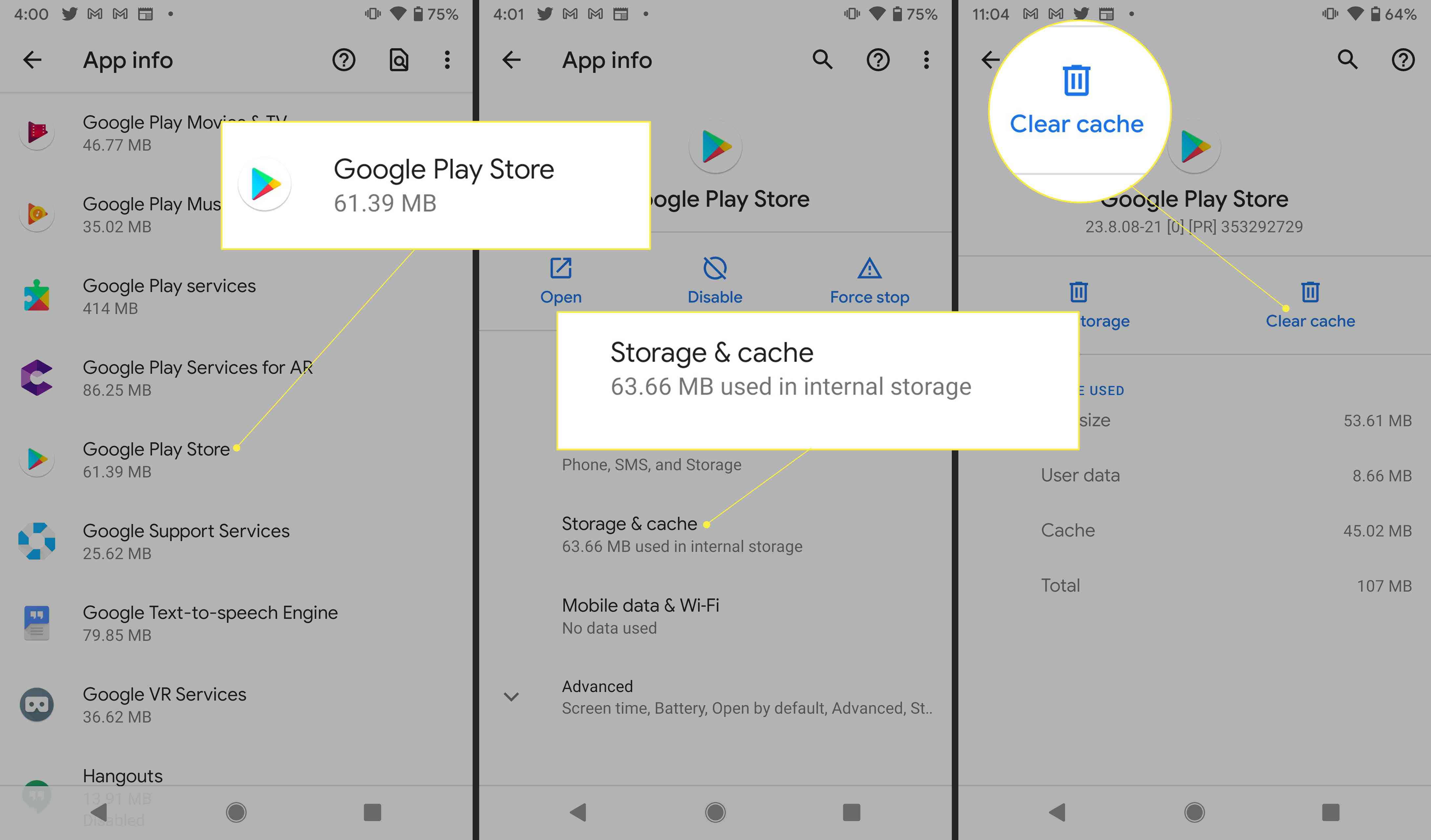 Nastavení systému Android se zvýrazněnými „Obchod Google Play“, „Úložiště a mezipaměť“ a „Vymazat mezipaměť“