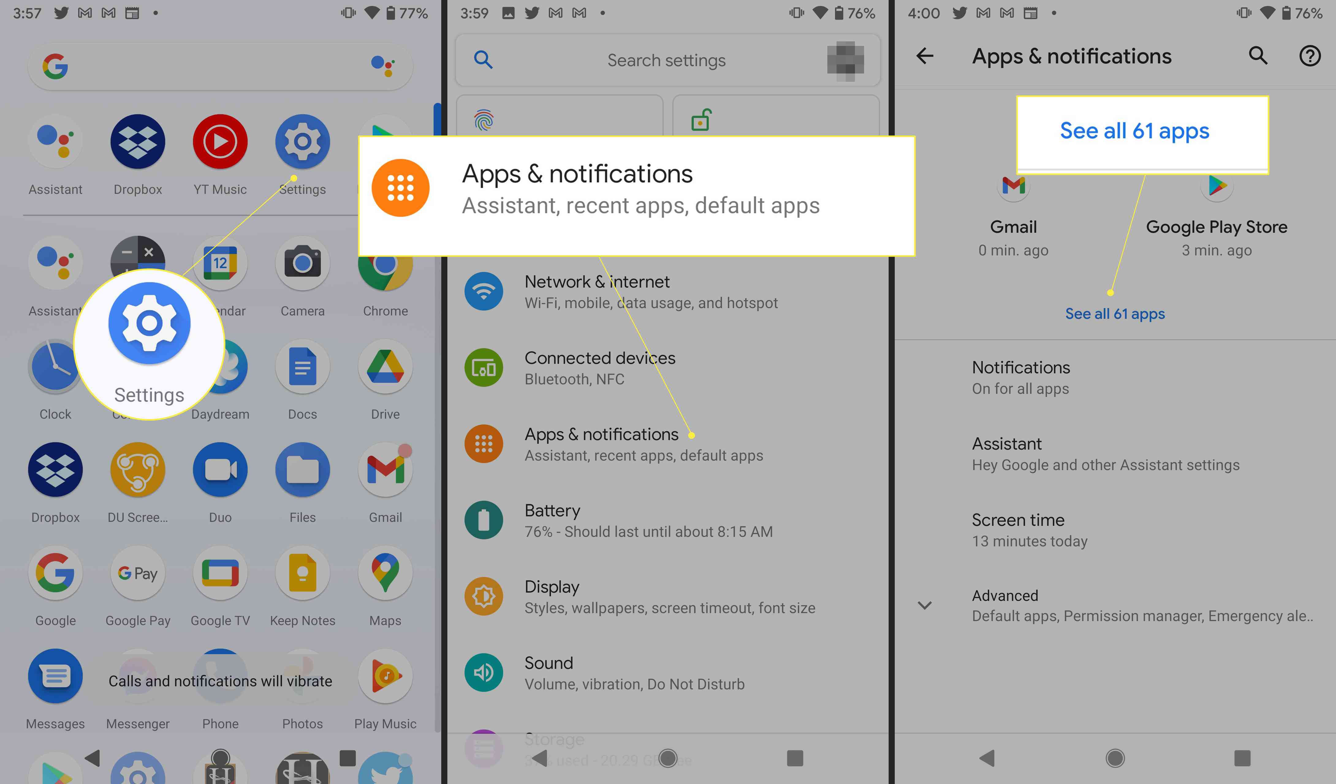 Nastavení systému Android se zvýrazněnými položkami „Aplikace a oznámení“ a „Zobrazit všechny aplikace“