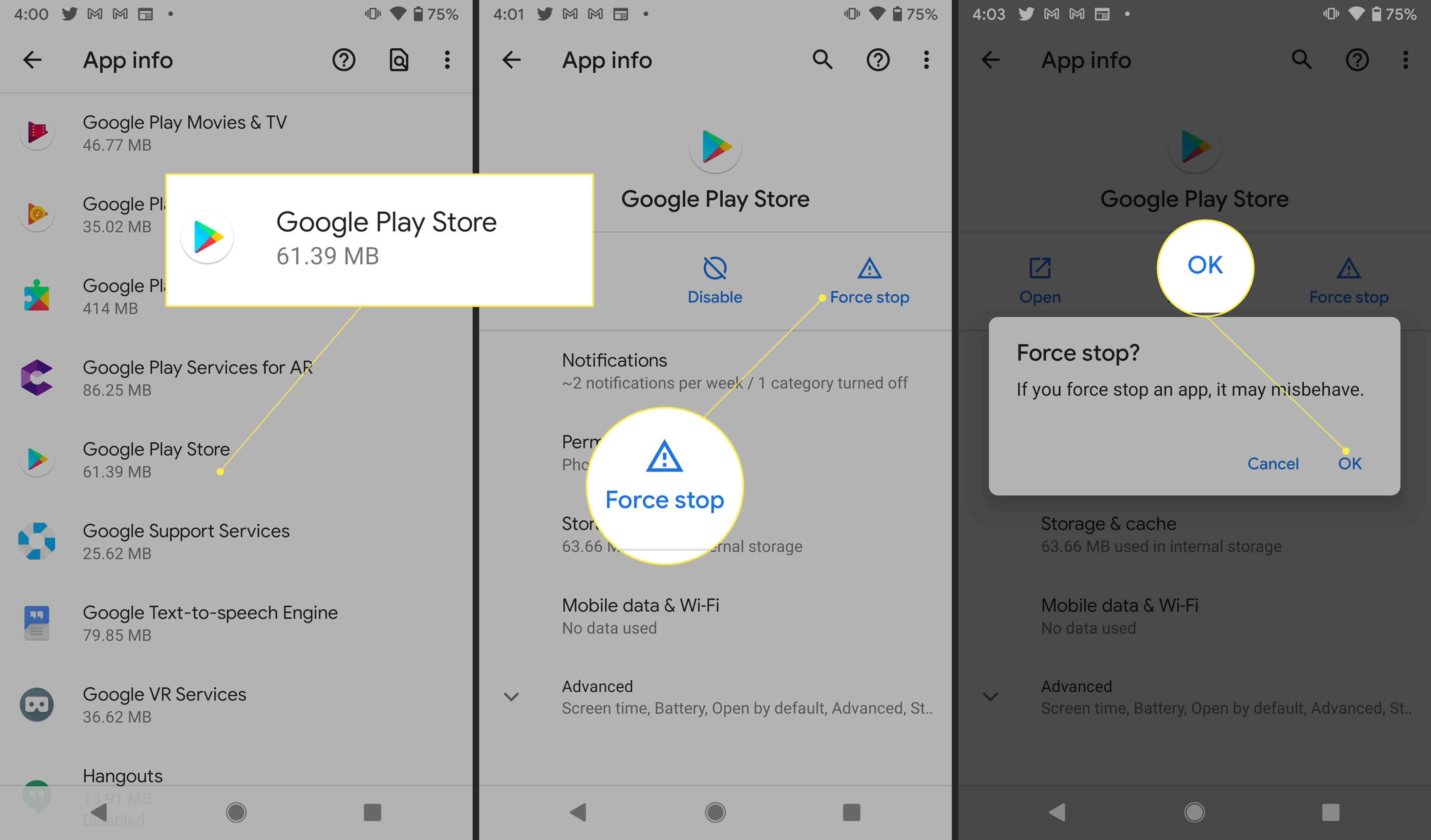 Nastavení Google Play se zvýrazněním Force Stop a Ok