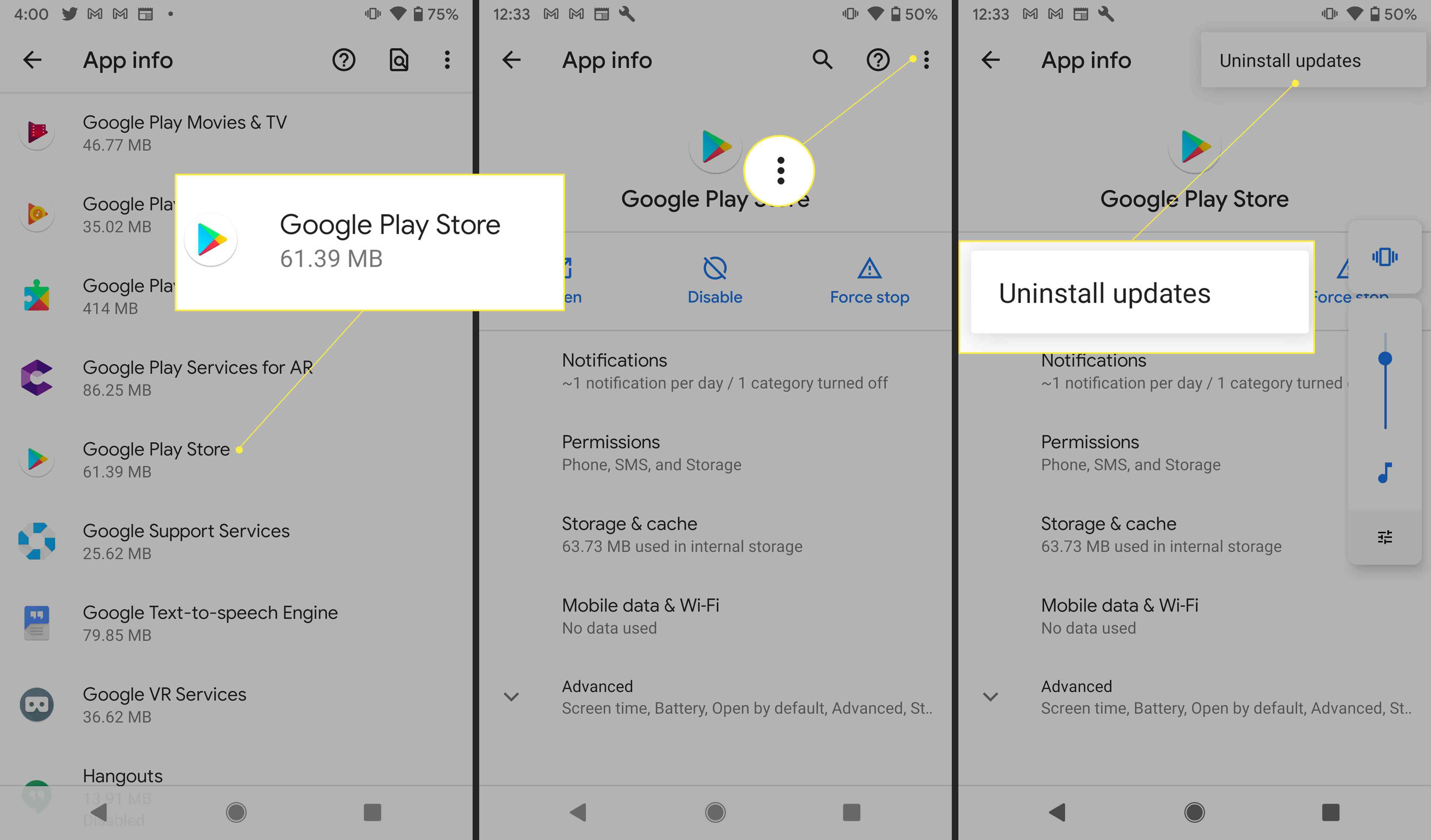 Nastavení obchodu Google Play se zvýrazněnou položkou „Odinstalovat aktualizace“