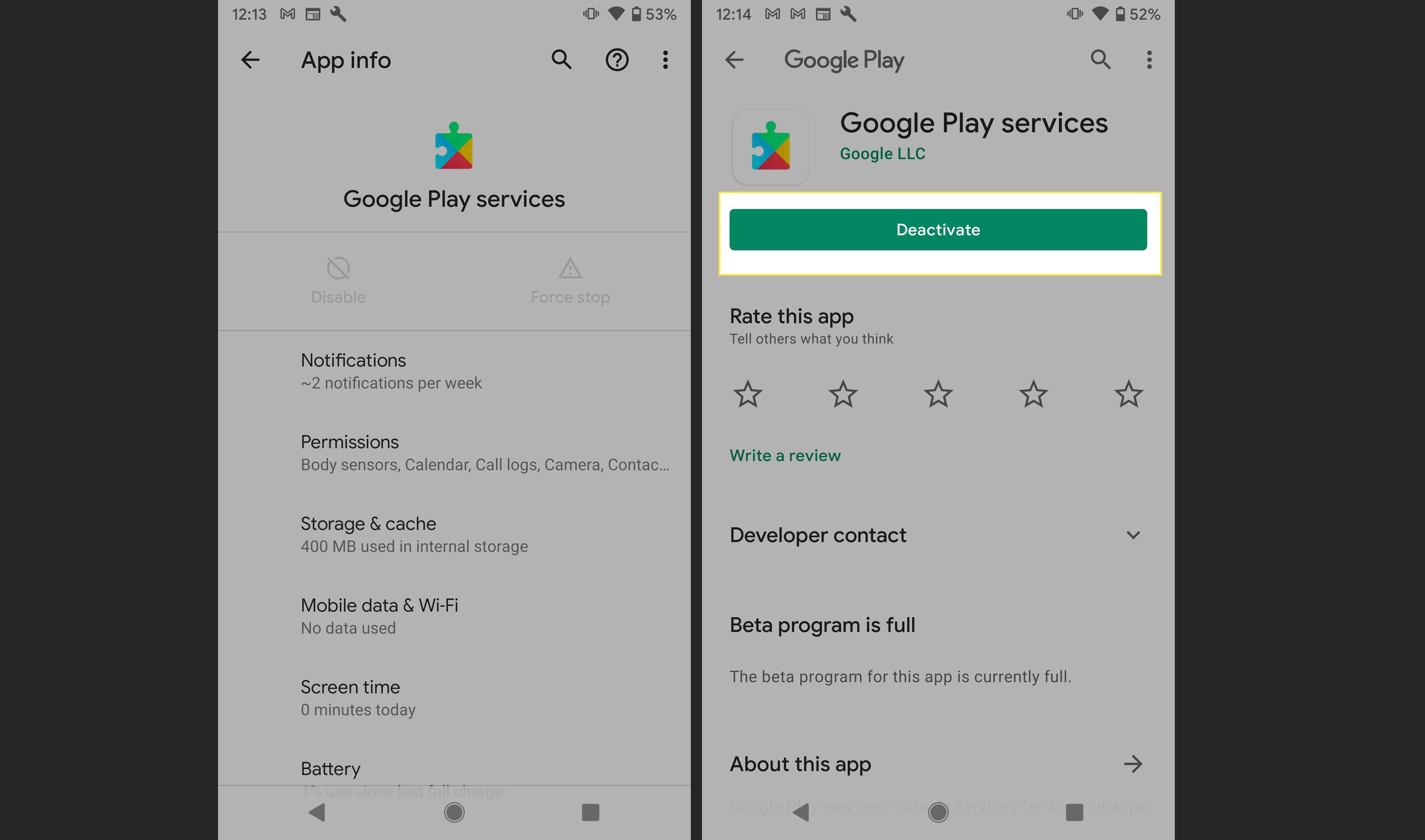 Aplikace Služby Google Play na Androidu se zvýrazněným Deactivate