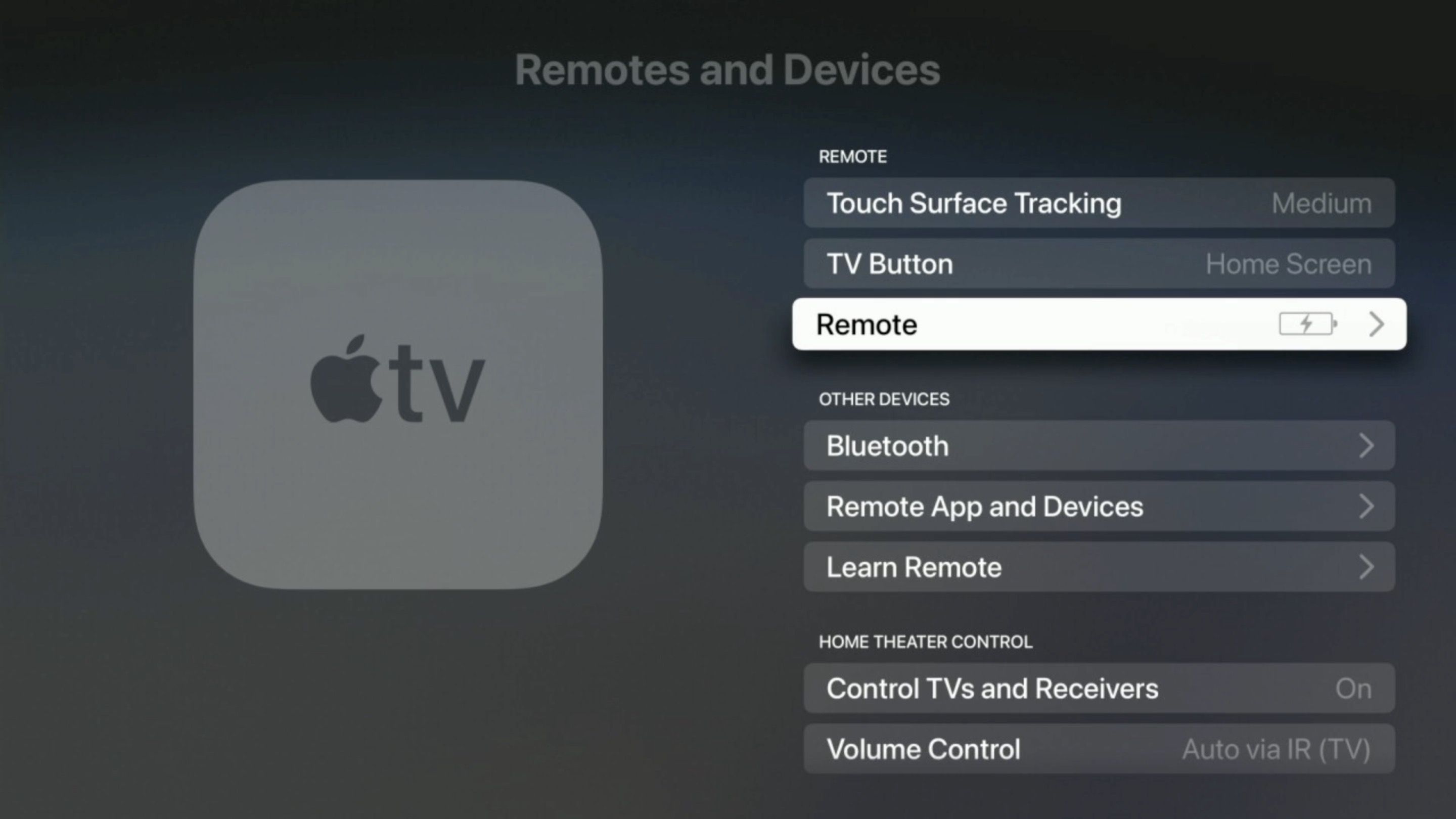 Dálkové ovládání v části „Dálkové ovladače a zařízení“ v nastavení Apple TV