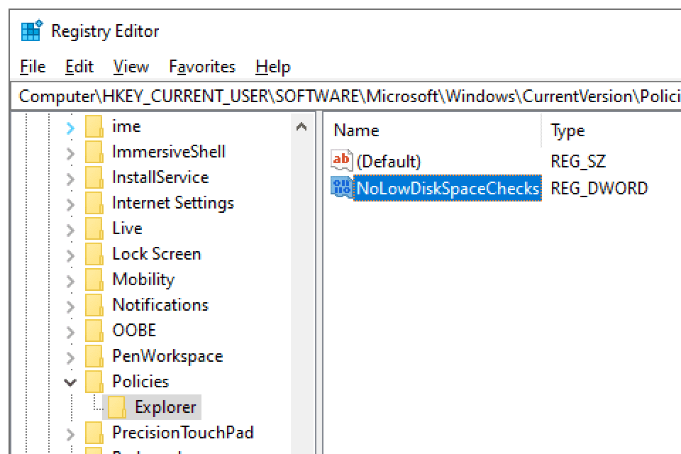 NoLowDiskSpace Zkontroluje hodnotu registru ve Windows 10