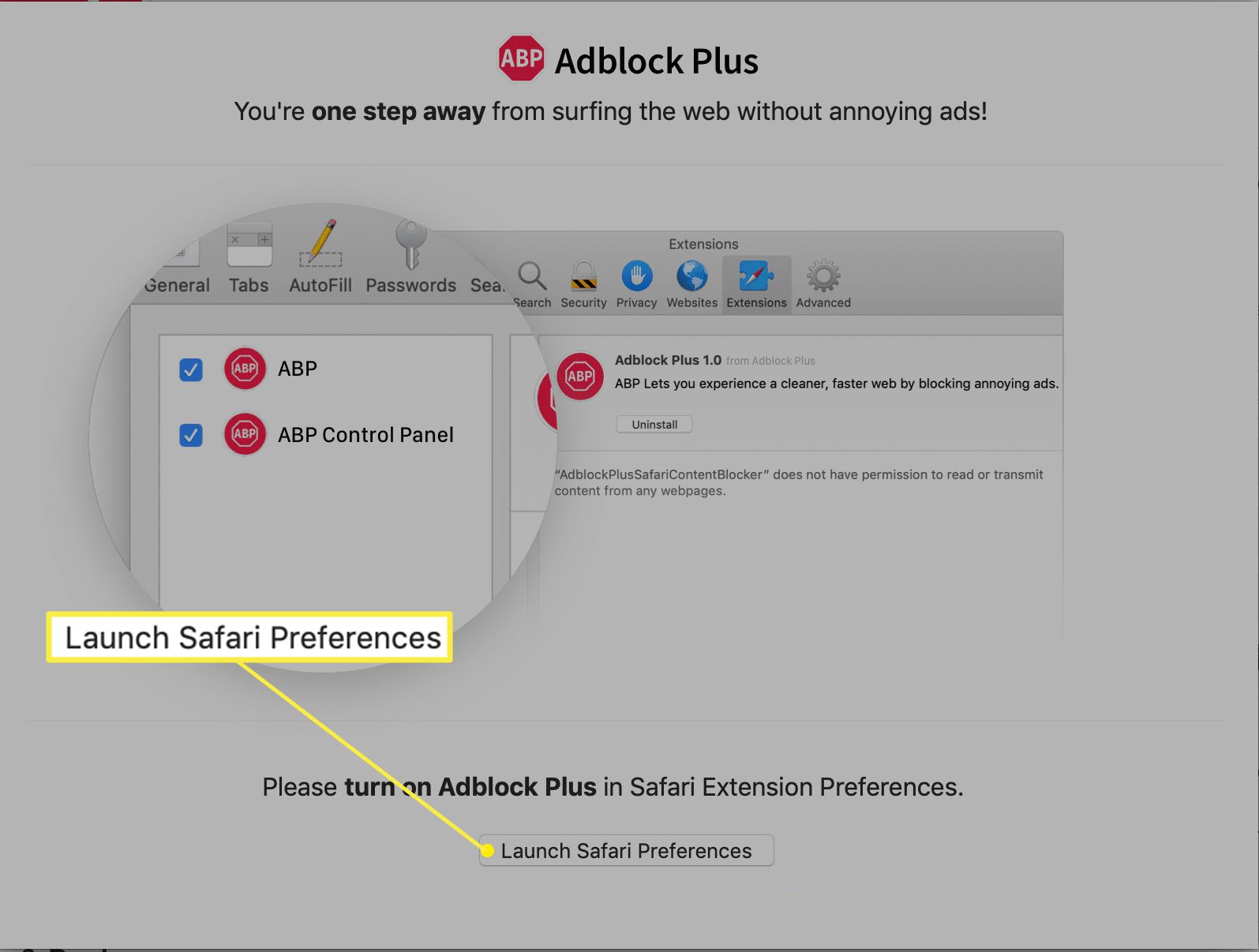 Rozšíření Adblock Plus se zvýrazněnými předvolbami Launch Safari