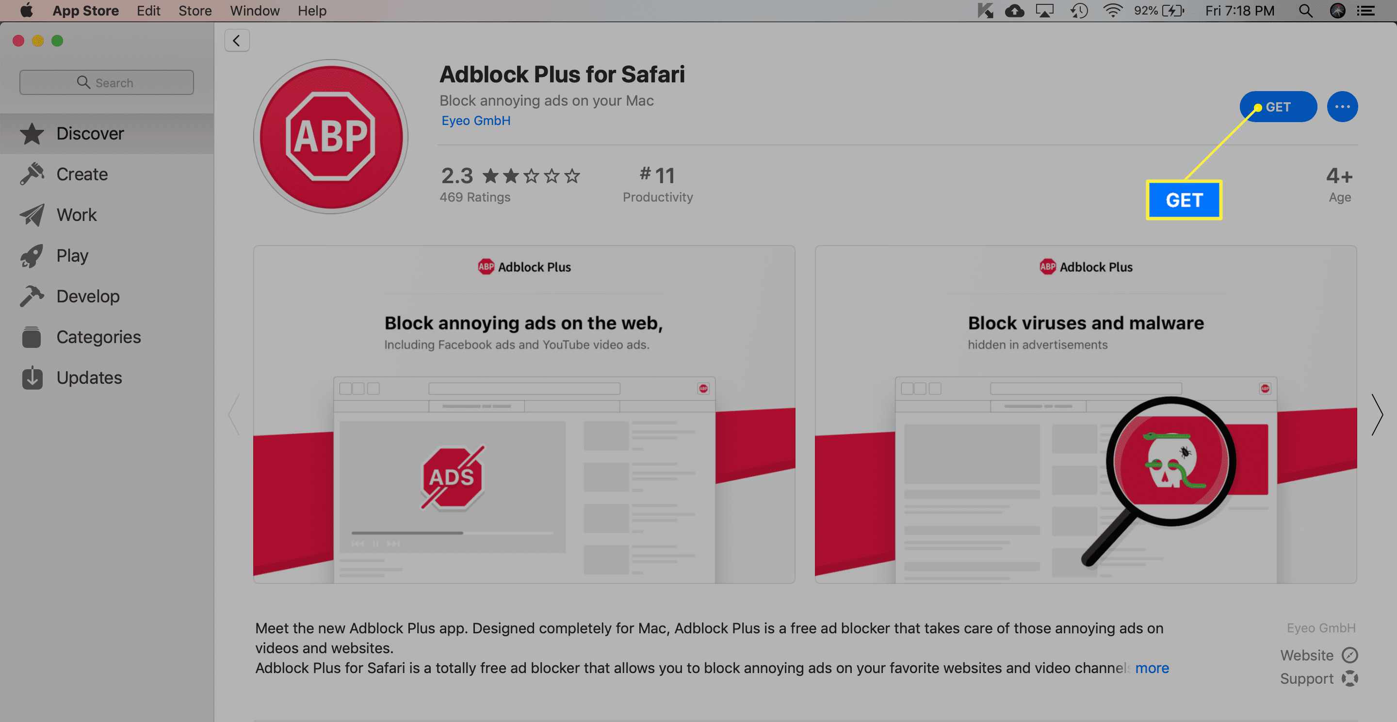 Rozšíření Adblock Plus v Mac App Store se zvýrazněním Get