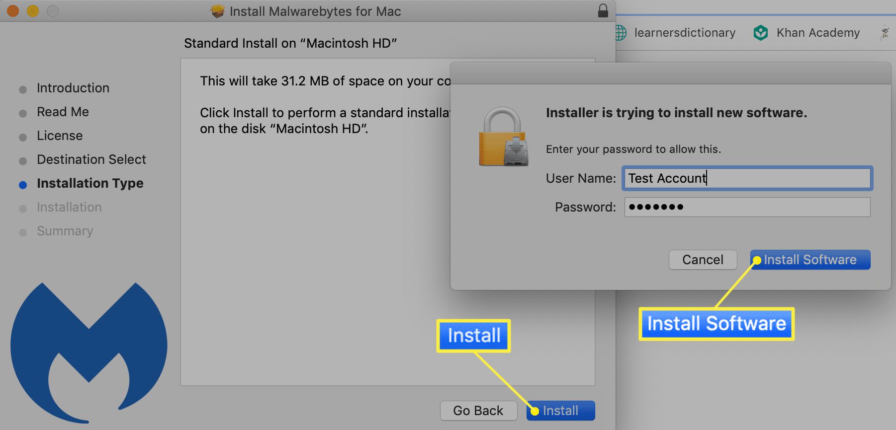 Dialogové okno instalace Malwarebytes pro Mac