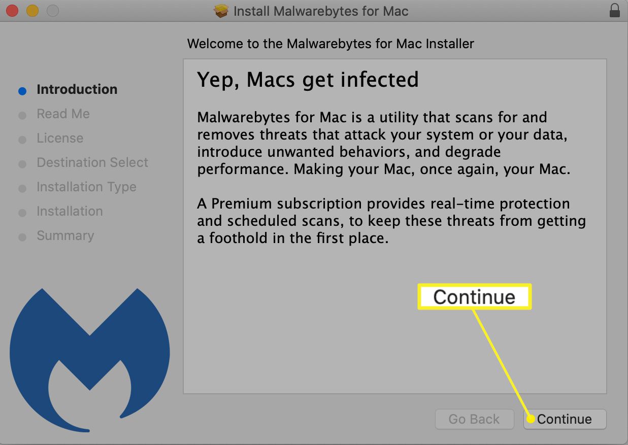 Dialogové okno instalace Malwarebytes pro Mac