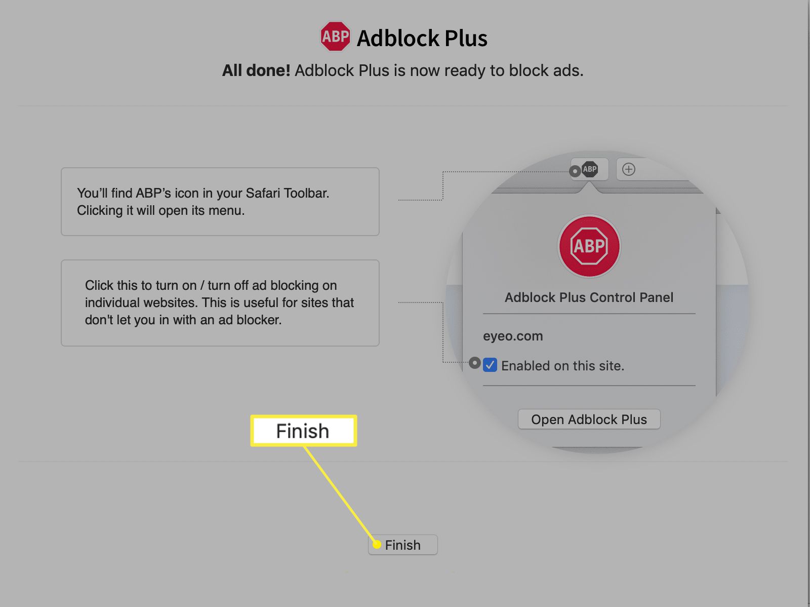 Obrazovka dokončení instalace Adblock Plus