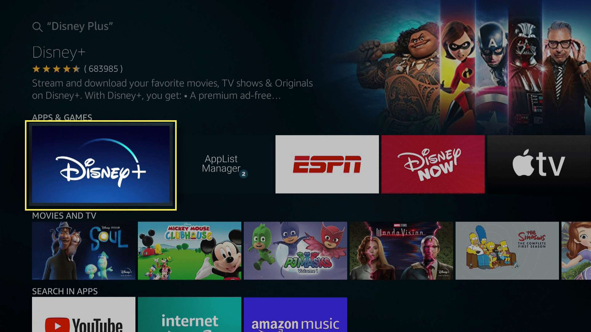 Disney Plus ve výsledcích vyhledávání na Fire TV.