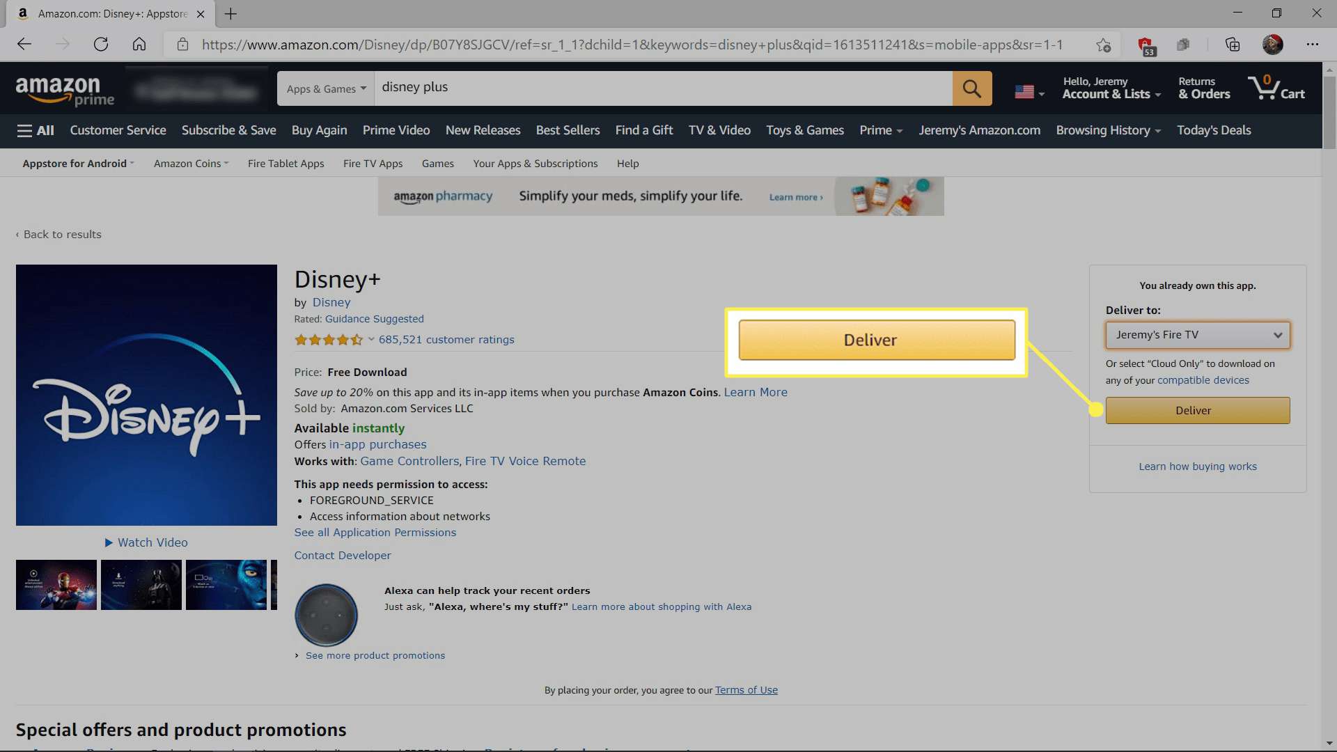 Získání Disney + od Amazonu pro Fire TV se zvýrazněným doručením