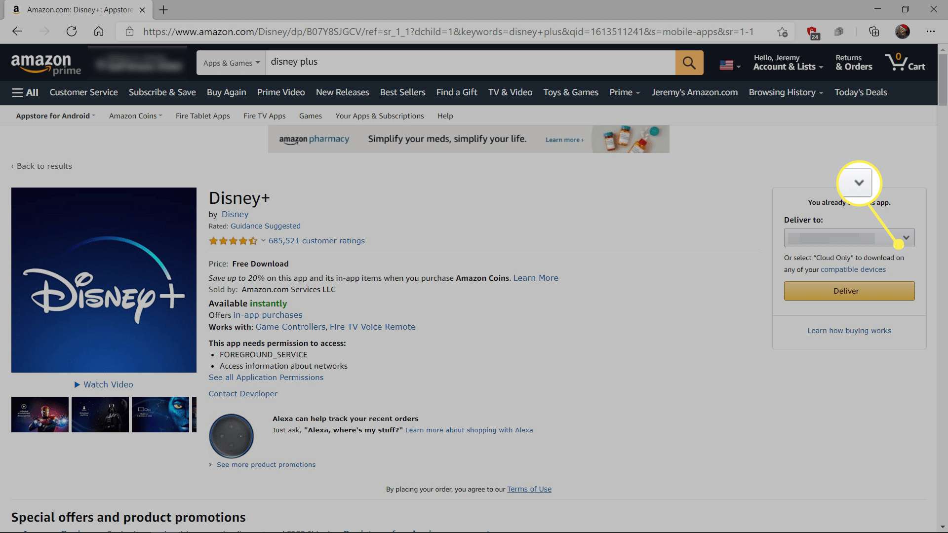 Disney Plus na Amazonu se zvýrazněním rozbalovací nabídky Doručit do