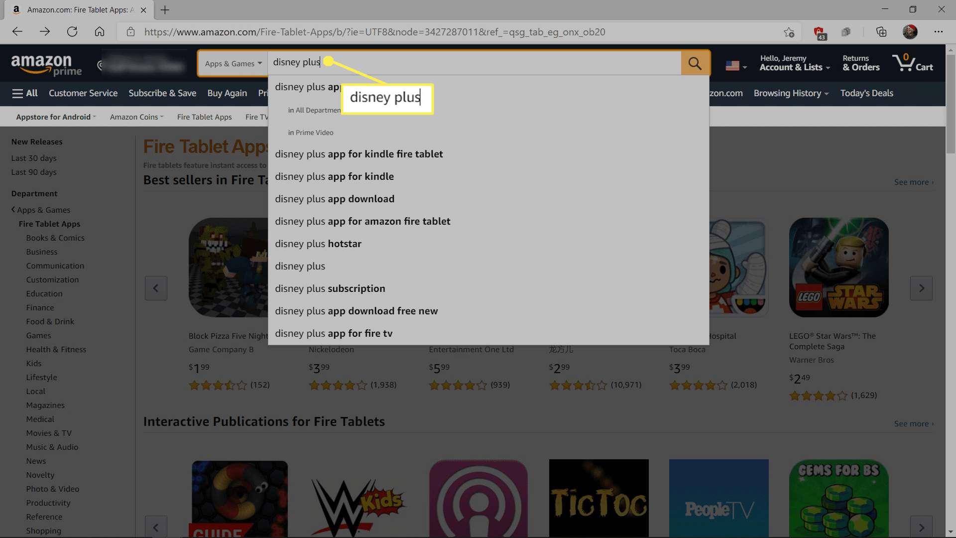 Hledání Disney Plus na Amazonu.
