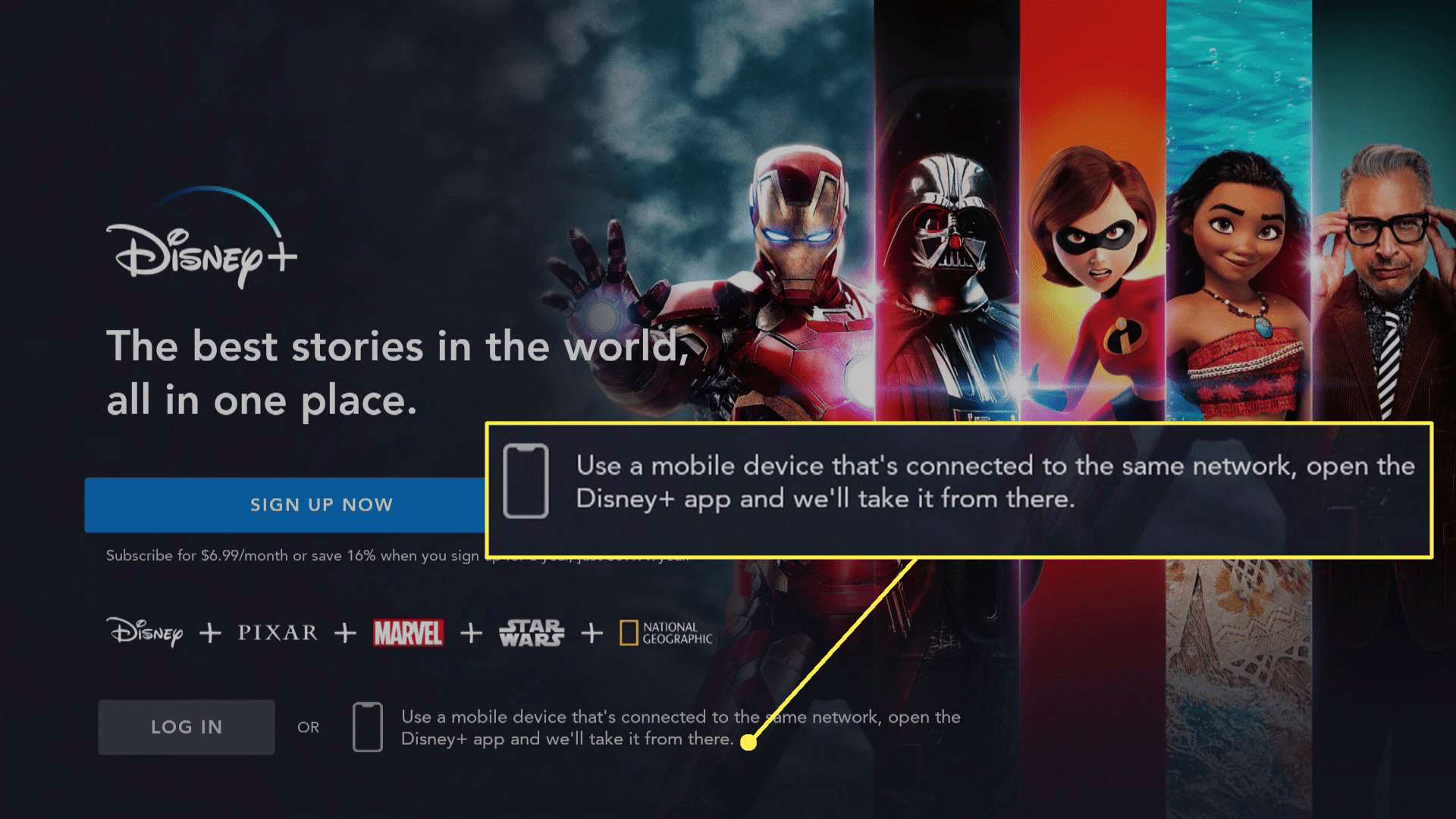 Disney Plus v Fire TV se zvýrazněnými pokyny k otevření aplikace Disney Plus