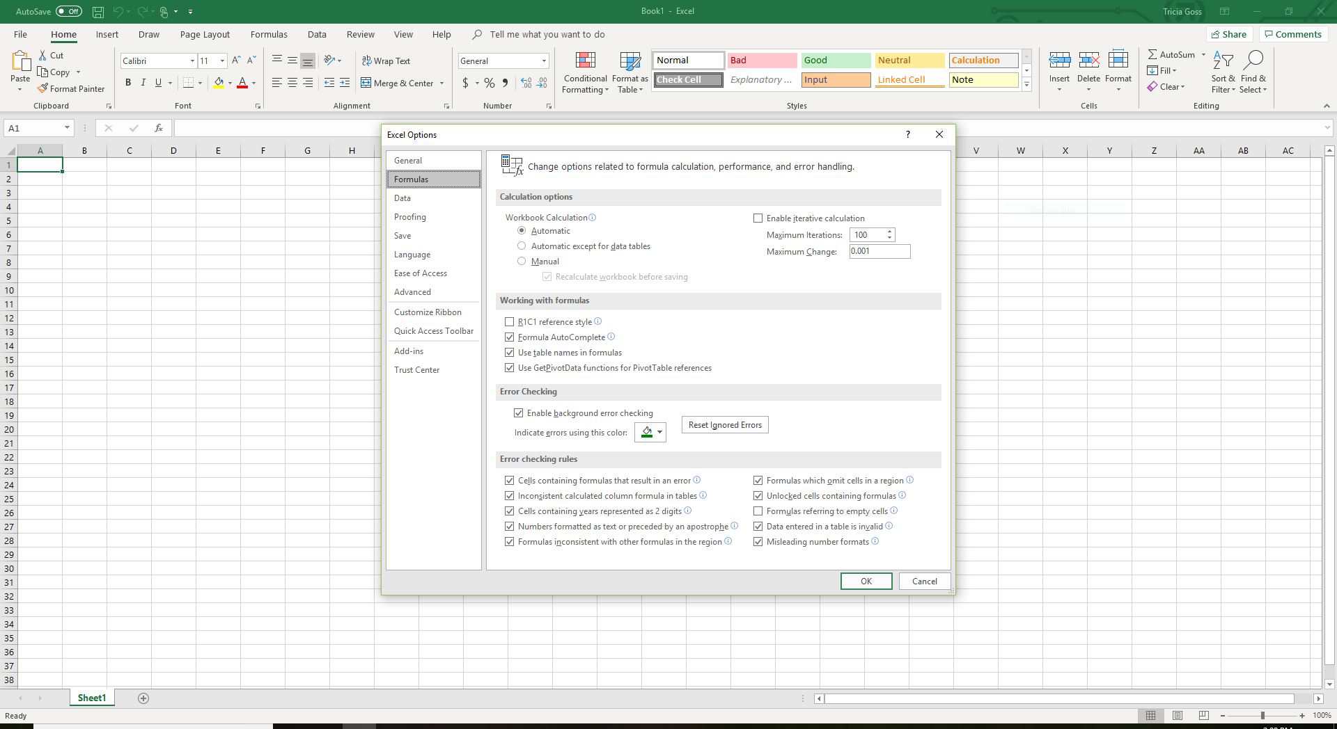 Screenshot z možností aplikace Excel na kartě vzorce