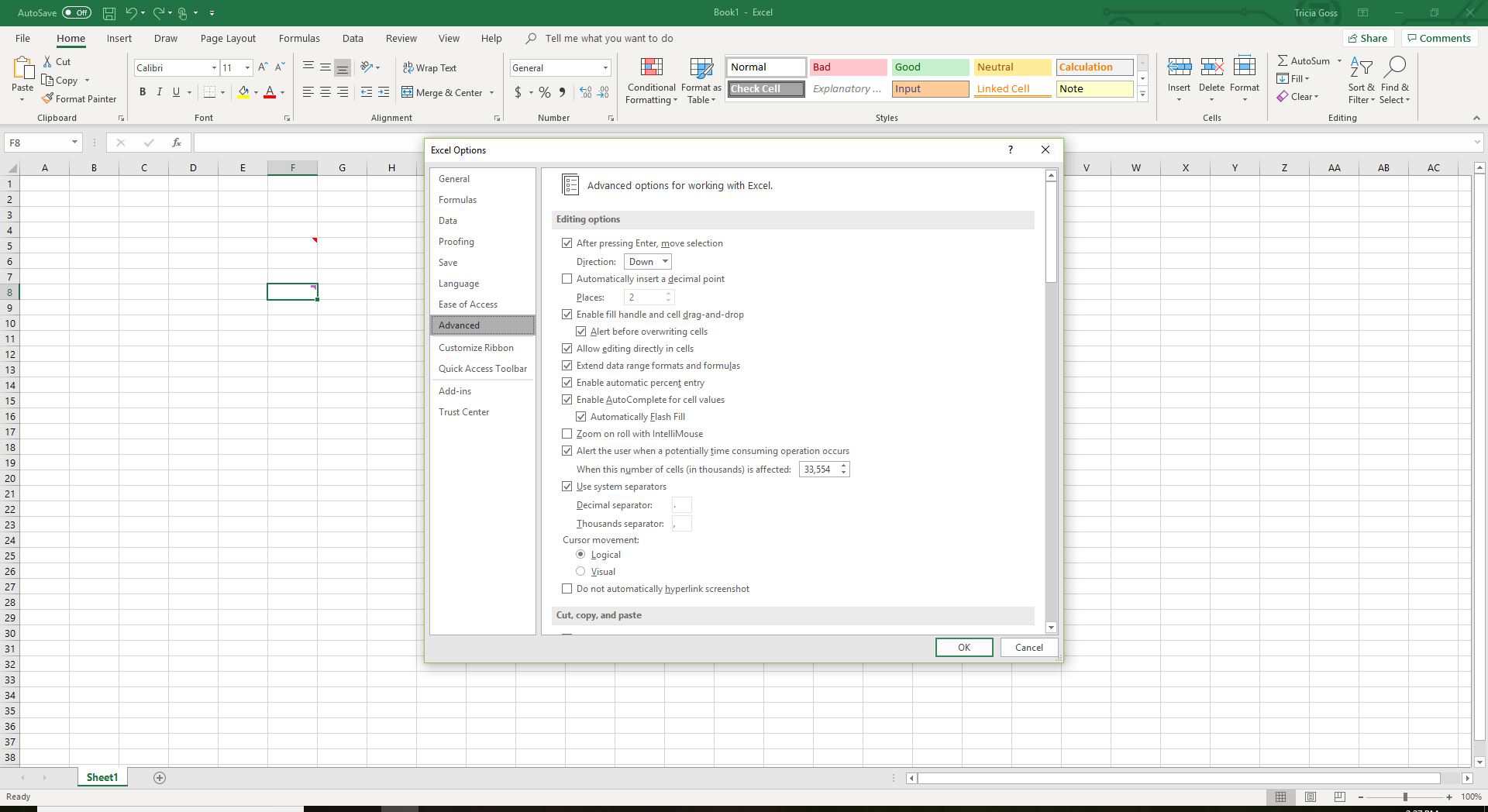 Screenshot záložky Pokročilé v Možnosti aplikace Excel
