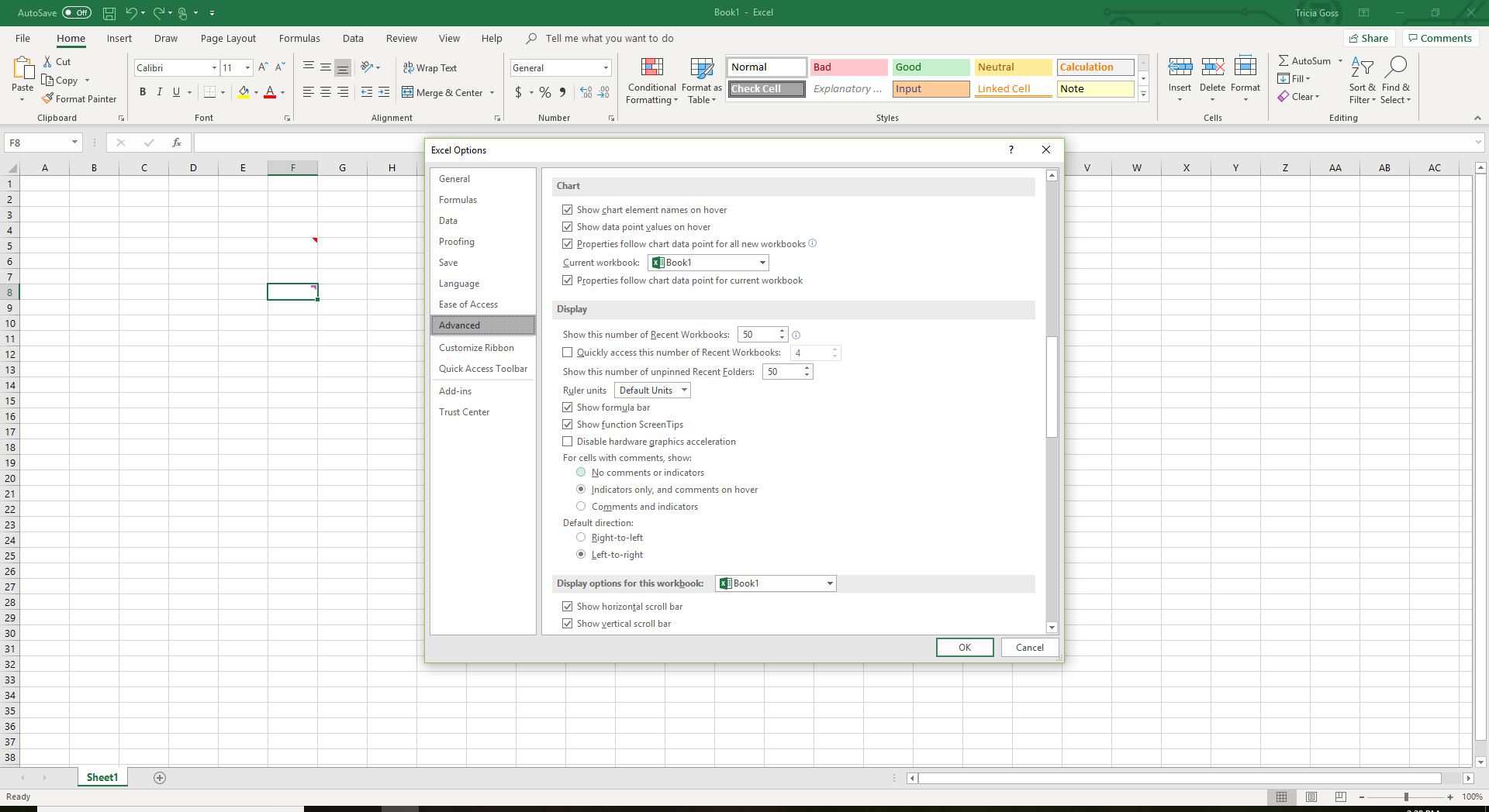 Snímek obrazovky sekce Zobrazení na kartě Upřesnit v Možnosti aplikace Excel