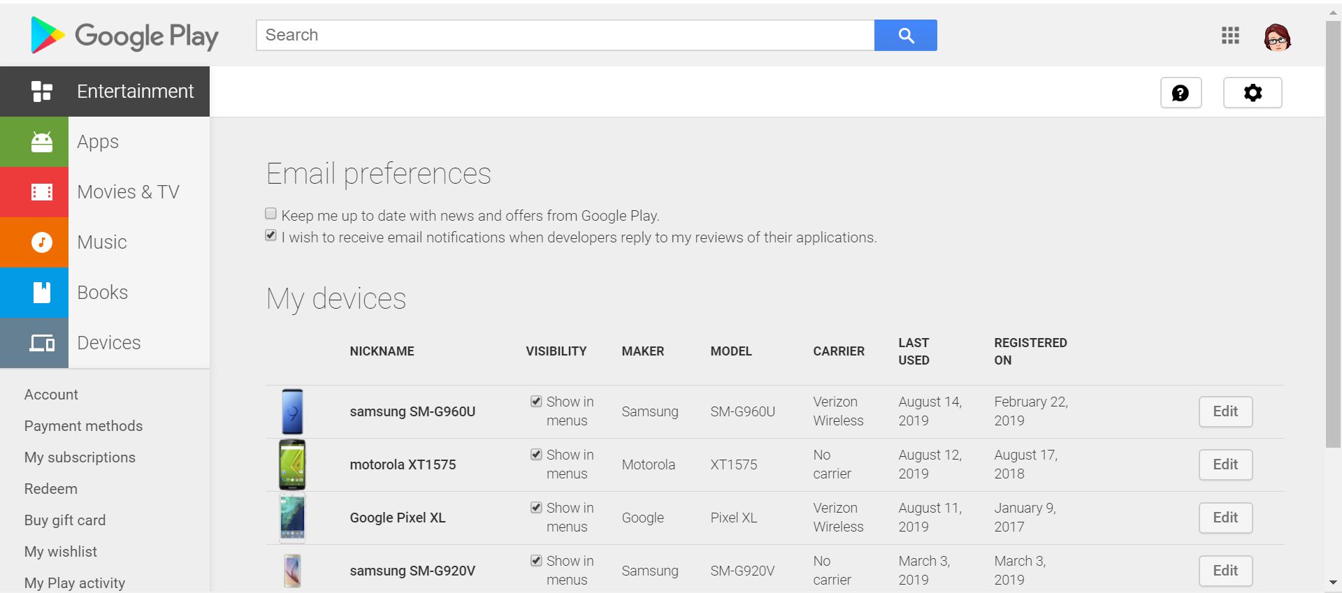 Nastavení viditelnosti zařízení v Obchodě Google Play.