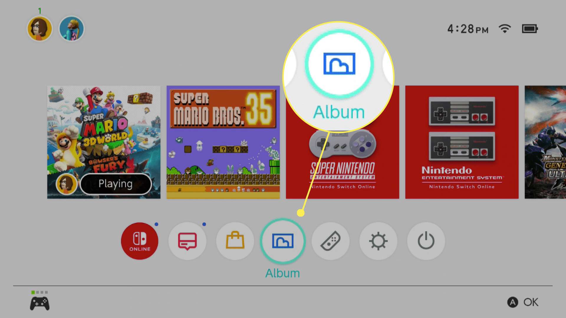Na domovské obrazovce Nintendo Switch je zvýrazněna ikona alba.