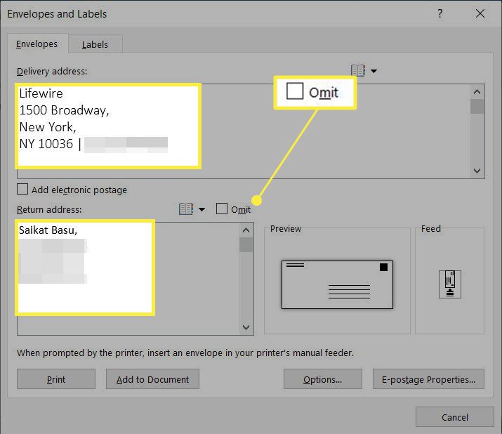Dialogové okno Obálky a štítky v aplikaci Microsoft Word se zvýrazněnou adresou „Dodací adresa“, „Zpáteční adresa“ a „Vynechat“