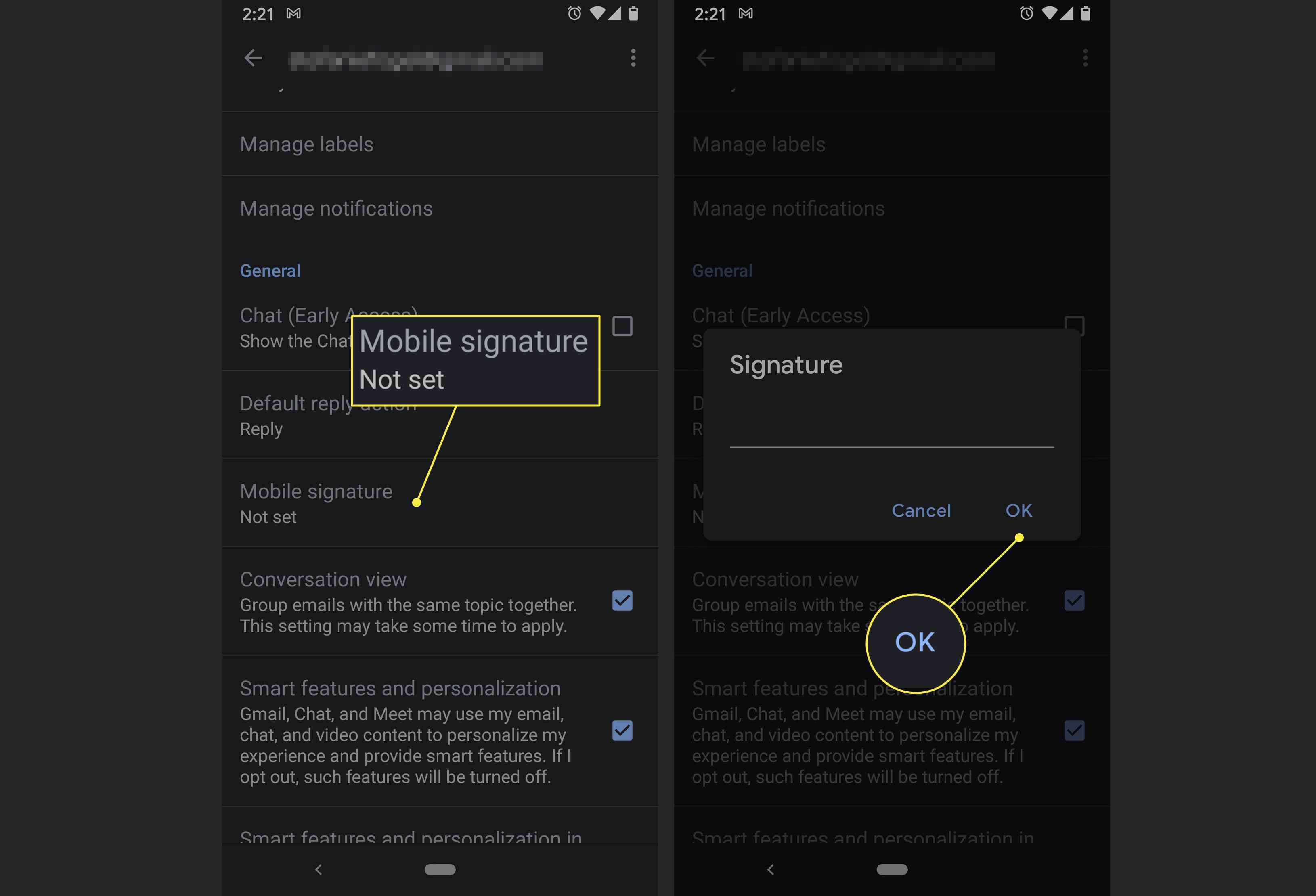 Uživatel aplikace Gmail vytvoří mobilní podpis