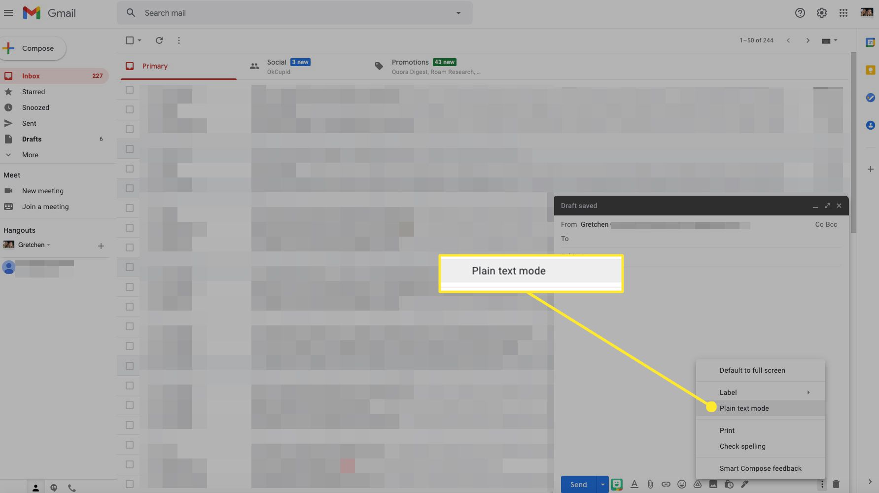 Okno pro psaní Gmailu se zvýrazněným režimem prostého textu