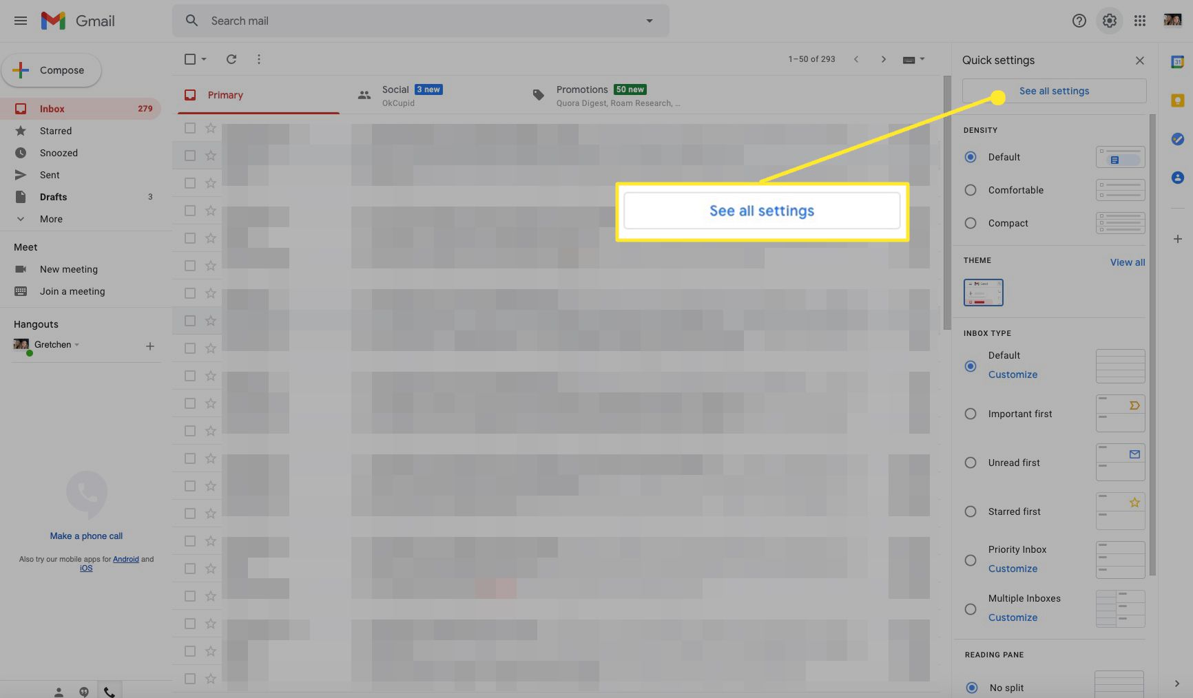 Obrazovka doručené pošty v Gmailu s zvýrazněním Zobrazit všechna nastavení