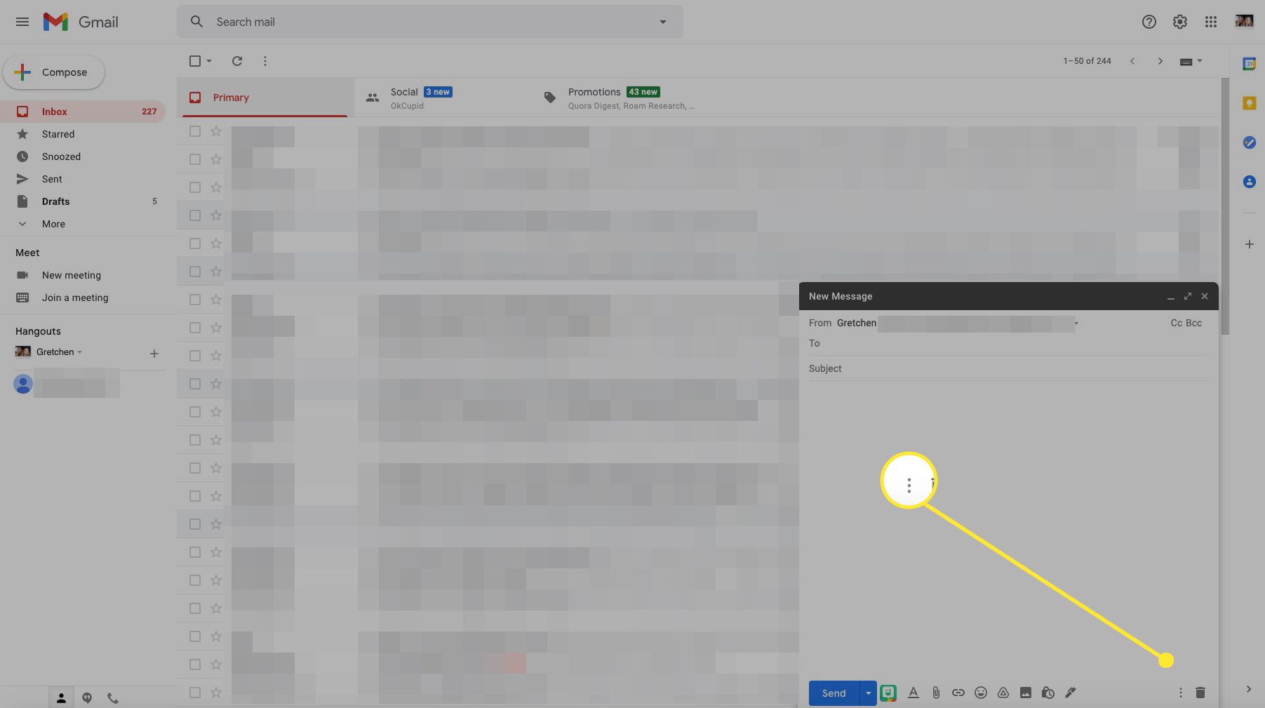 Okno pro psaní Gmailu se zvýrazněnou možností Další (tři tečky)