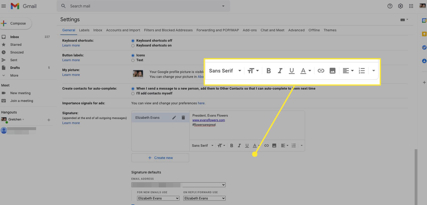 Zvýrazněn panel nástrojů pro formátování podpisu v Gmailu