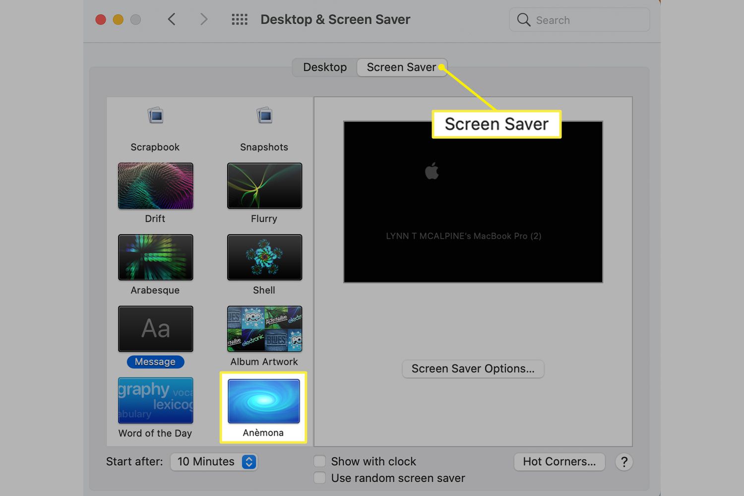Karta Spořič obrazovky v předvolbách plochy Mac a spořiče obrazovky