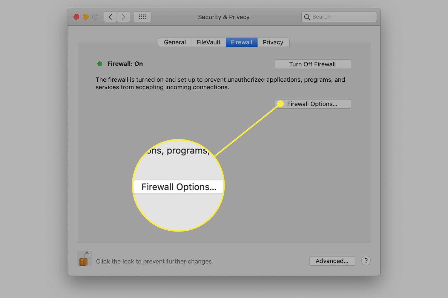 Předvolby Zabezpečení a soukromí systému macOS se zvýrazněným tlačítkem Možnosti brány firewall