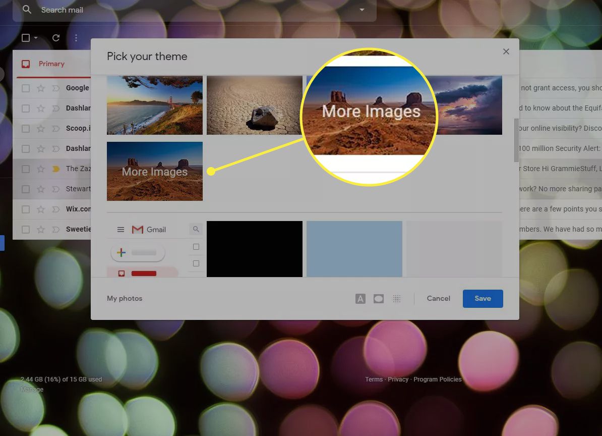 Okno motivu Gmailu se zvýrazněnou možností Další obrázky