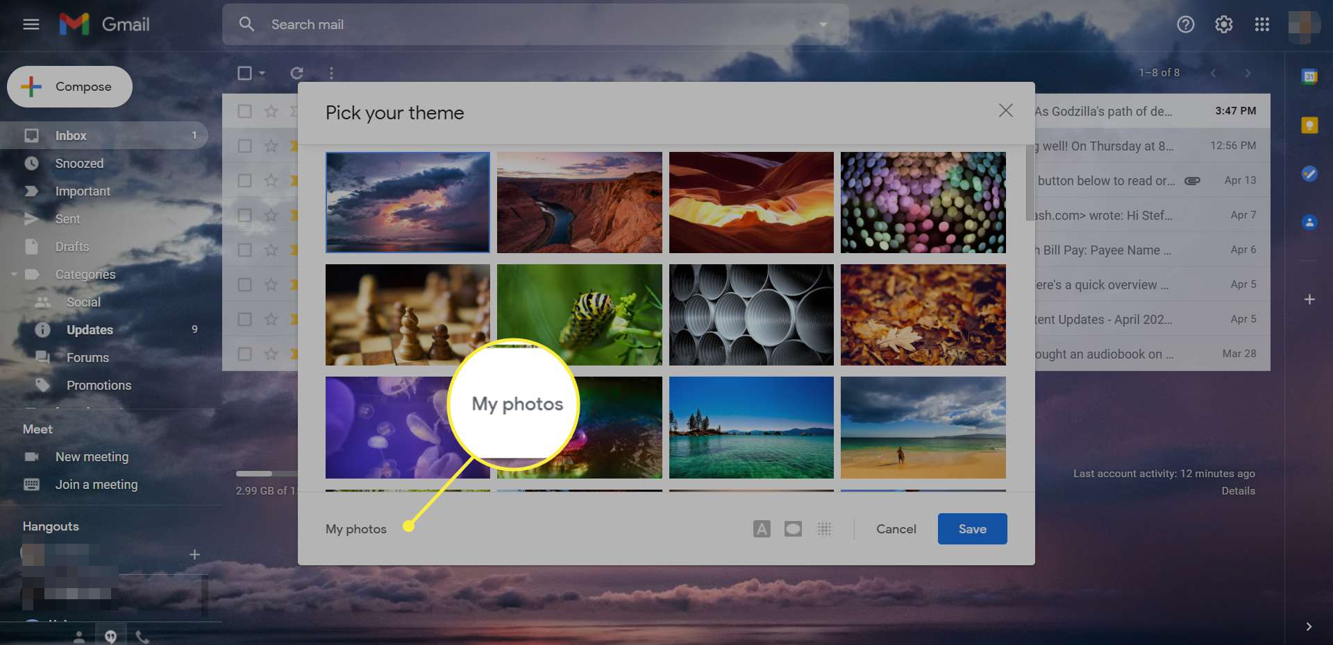 Okno motivů Gmailu se zvýrazněnou možností „Moje fotografie“