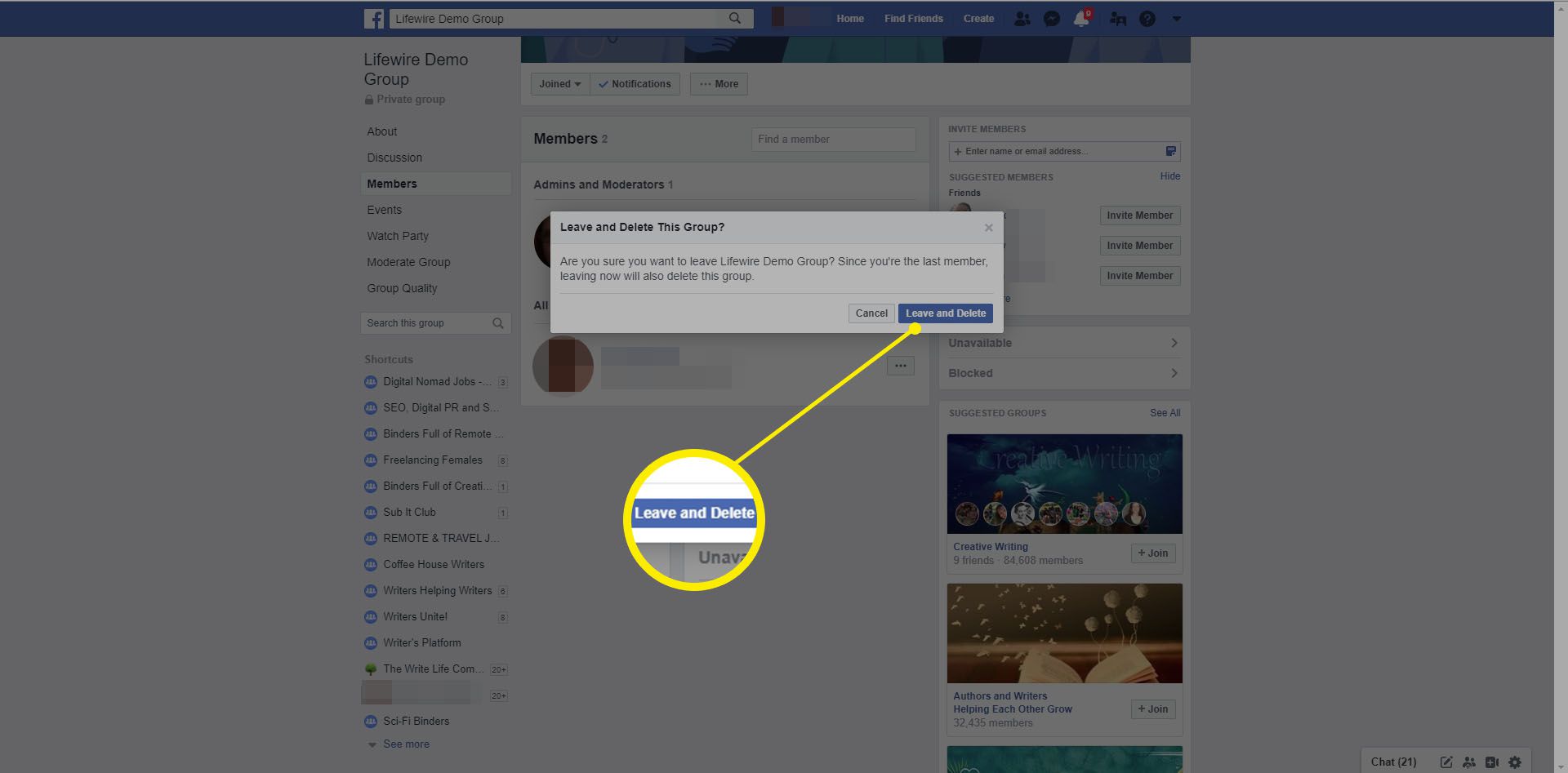 Opuštění a odstranění skupiny na Facebooku.
