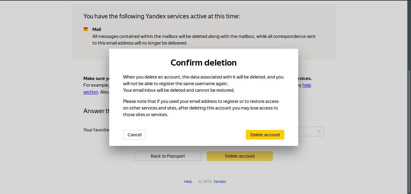 Potvrzení o konečném smazání účtu Yandex