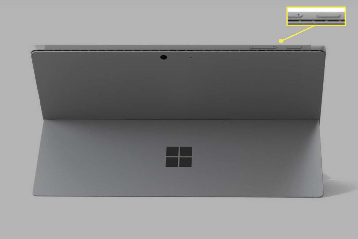 Microsoft Surface Pro zobrazený zezadu s viditelnými tlačítky napájení a zvýšení hlasitosti.