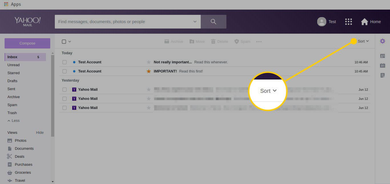 Doručená pošta Yahoo Mail se zvýrazněnou nabídkou Třídění